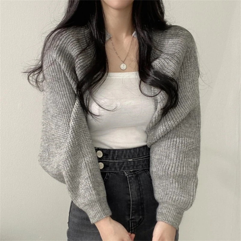 Women Autumn Open Front Shrug Long Sleeve Cropped Cardigan Sweater Lady Daily Casual Solid Color Outwear Jacket Short Shawl Tops