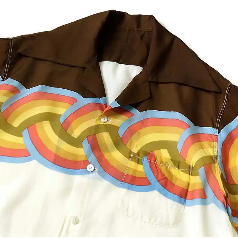 KAPITAL 22SS Japanese Loose Synthetic Silk Rainbow Wave Color Blocked Short Sleeved Shirt with Buttons Men New
