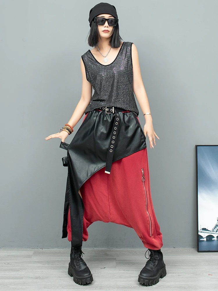 New Women's Autumn Fashion Suit Personalized Sequin Vest Leather Patchwork Elastic Waist Harem Pants Streetwear Two-piece Set