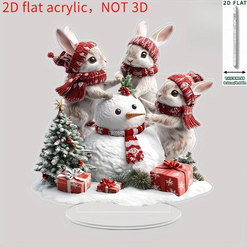 2D Flat Printing, Artistic Style Plastic Rabbit Christmas Ornament - Desktop Decor, Multifunctional Holiday Hanging Decoration,