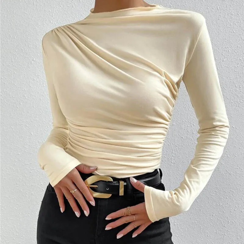 Versatile Pleated Long Sleeve Top for Women Stylish and Comfortable Tops Suitable for Any Age Fashionable Long Sleeve Top