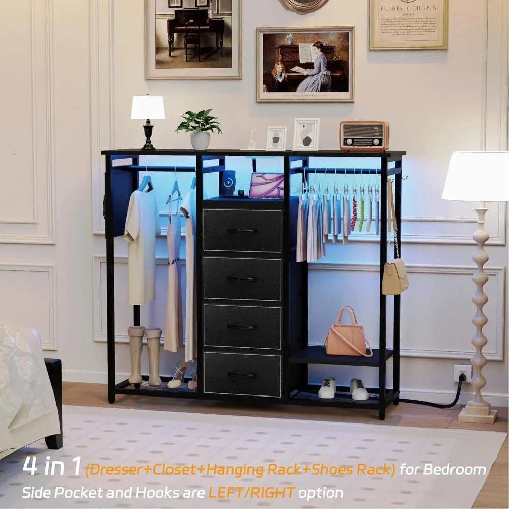 

Dresser for Bedroom with 2 Clothes Racks, 4 Drawer Closet with Led Light and Charging Station, Black Wardrobe with Hanging Rack