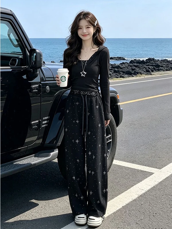 Unique Design Color Block Women's Set with Hoodie And Glitter Pants High Waist Wide Leg Two Piece Suit Casual Style for Office