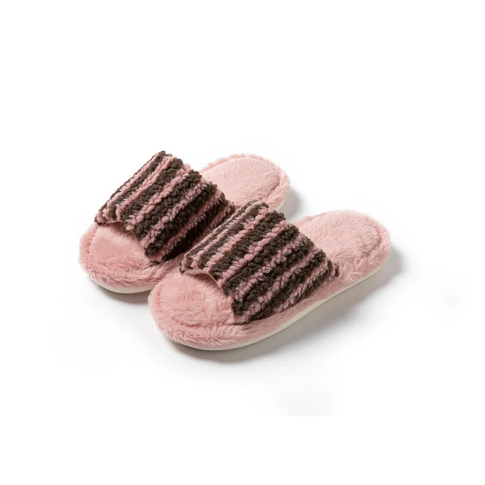 

Fluffy Stripe Casual Plush Slippers Patchwork Warm Home Cotton Shoes Anti Slip Soft Winter Plush Slippers Student