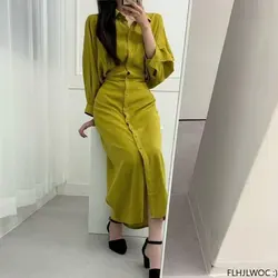 Chic Korean Fashion Clothes Office Lady 2023 New Women Retro Vintage Long Sleeve Basic Single-Breasted Button Shirt Dress Long