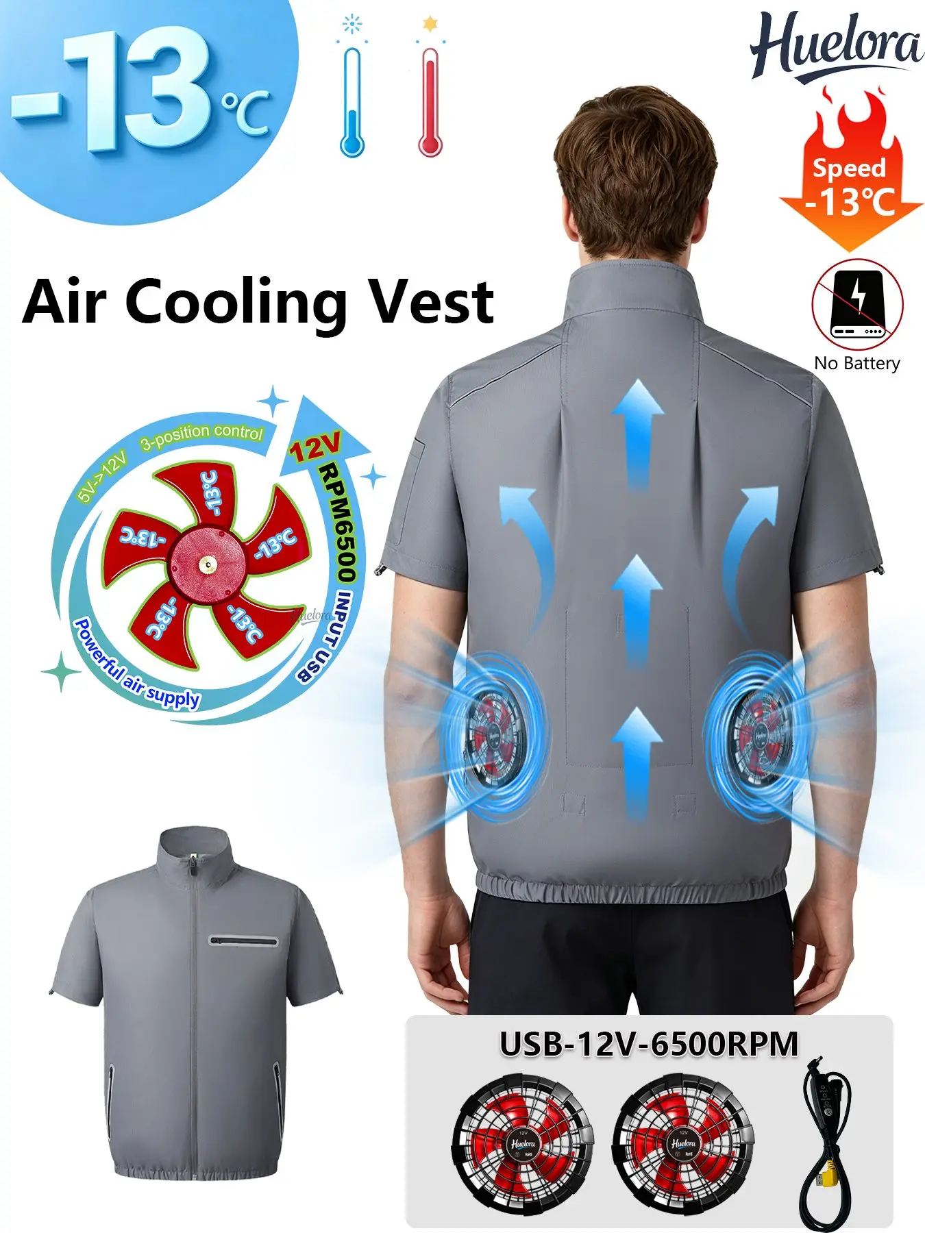 2 Fans Short Sleeve Air Cooling Work Jacket Men Stand Collar, 2 Gray Tones Windproof Summer Coat for Outdoor Labor Fishing