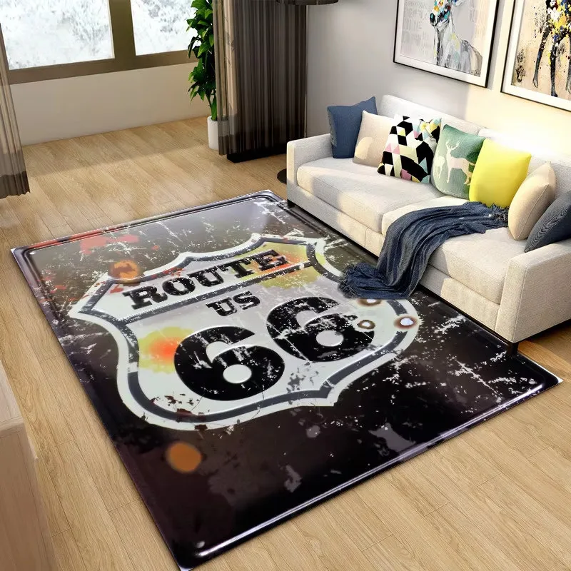 Vintage Route 66 Area Rug Historic US Highway Retro Distressed American Road Sign Design Non-Slip Floor Carpet for Living Room