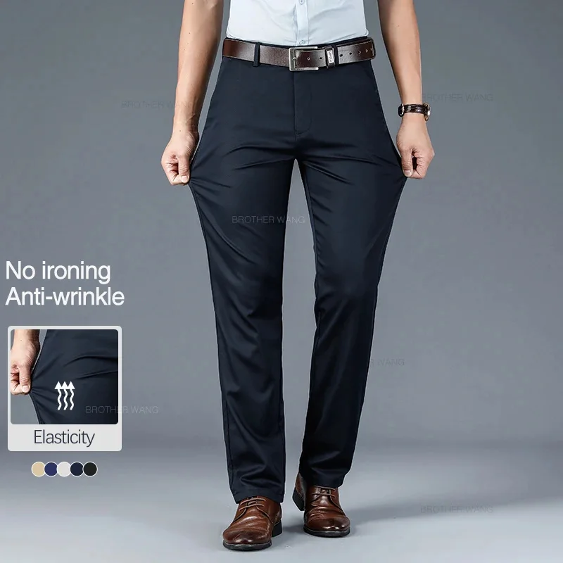 Ultra-thin Summer Men's Business Casual Pants Anti-wrinkle Iron-free High-waist Straight Elastic Trousers Luxury Brand Clothes