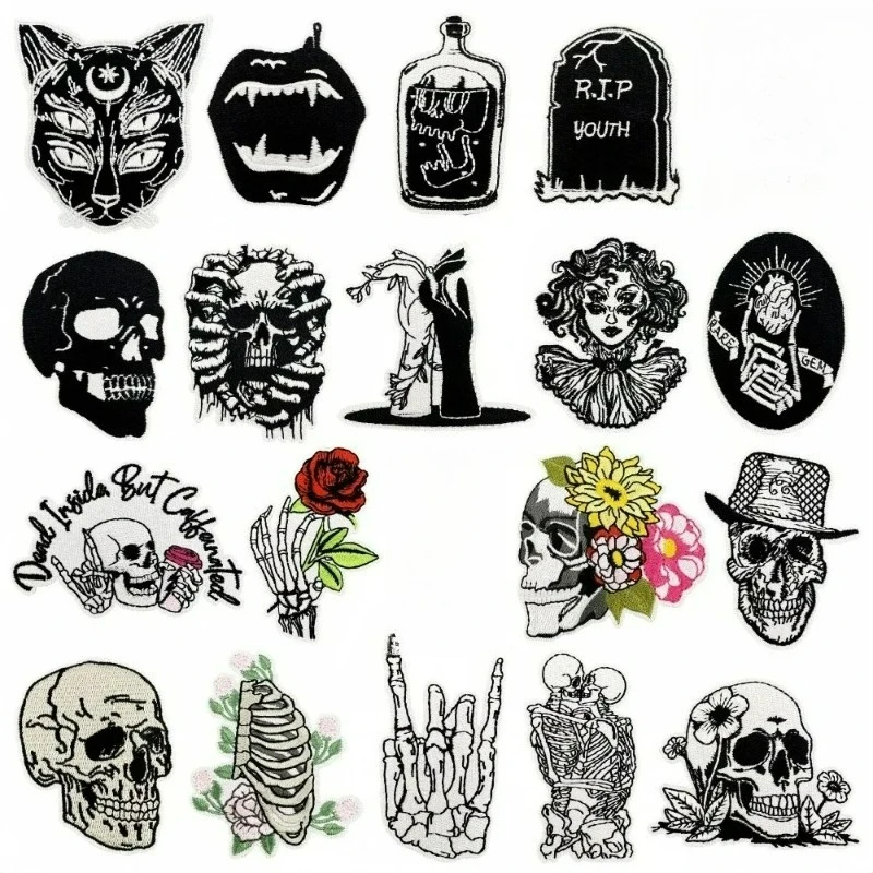 Black Punk Terro Skull Roses Cat Woman Iron-on Sew Embroidery Badge Patches DIY T-shirt Hat Backpack Clothing Appliques Sticker