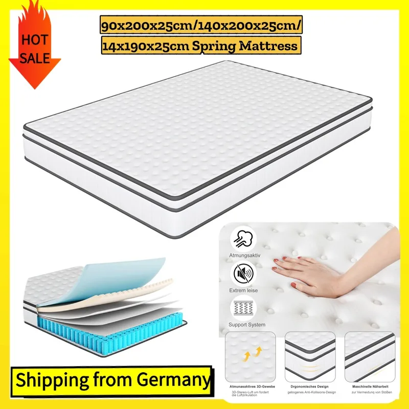Matelas à ressorts Comanlai 90 × 200 × 25 cm/140 × 190 × 25 cm/140 × 200 × 25 cm Blanc + bord gris, pochettes individuellement, meubles de chambre