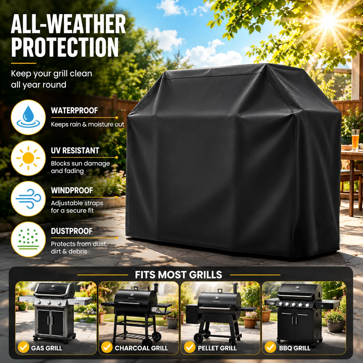 Barbecue Grill Cover, Waterproof BBQ Cover for Outdoor Grill, Durable Fabric Full Coverage with Adjustable Fastening Strap, Rain and Dust Protection for Patio Backyard Cooking, Outdoor Barbecue Use, Easy Seasonal Storage, Compact Folding, Portable