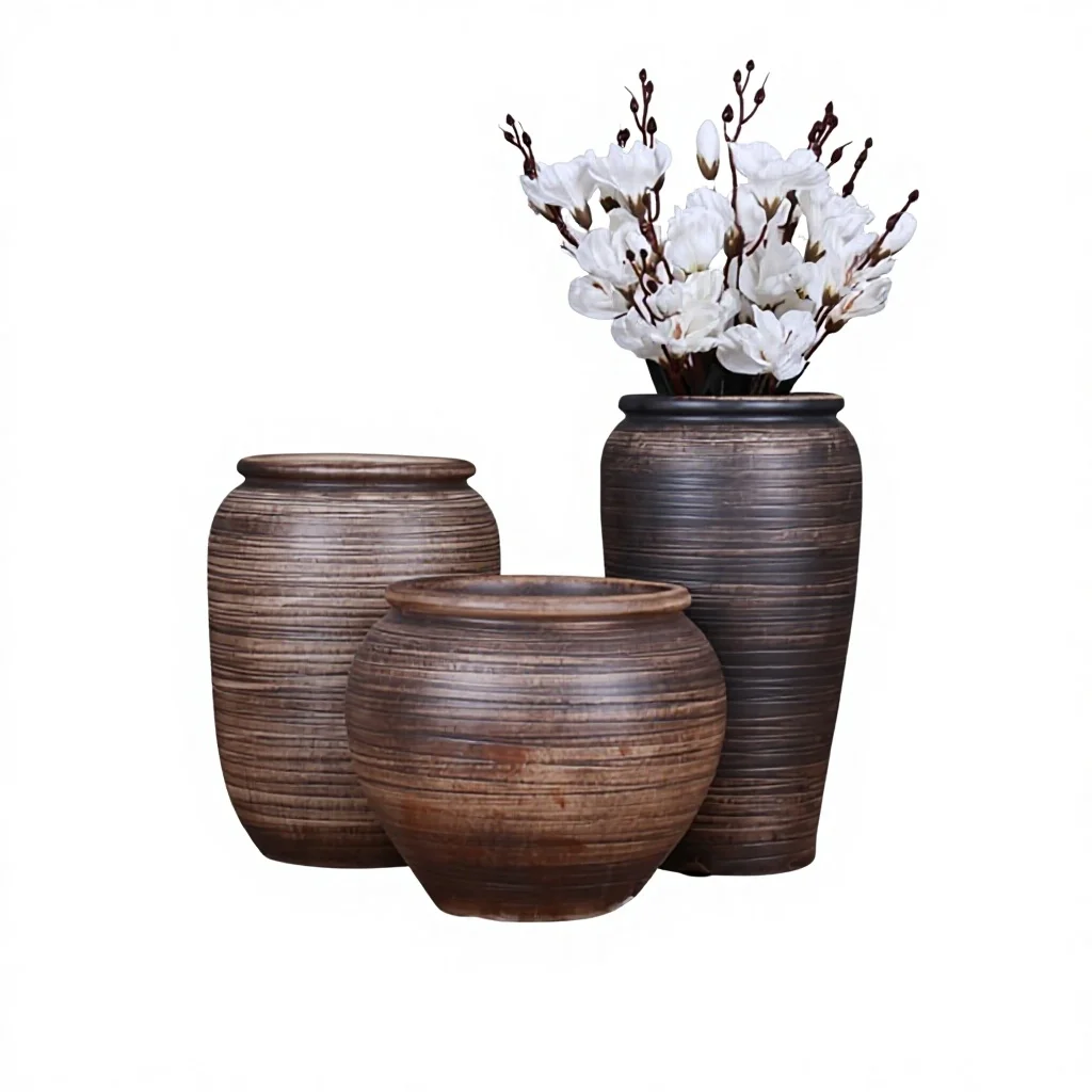 

pottery three-piece set of pottery jars, broken pottery jars, ceramic floor vases, ornaments, antique style art decorations