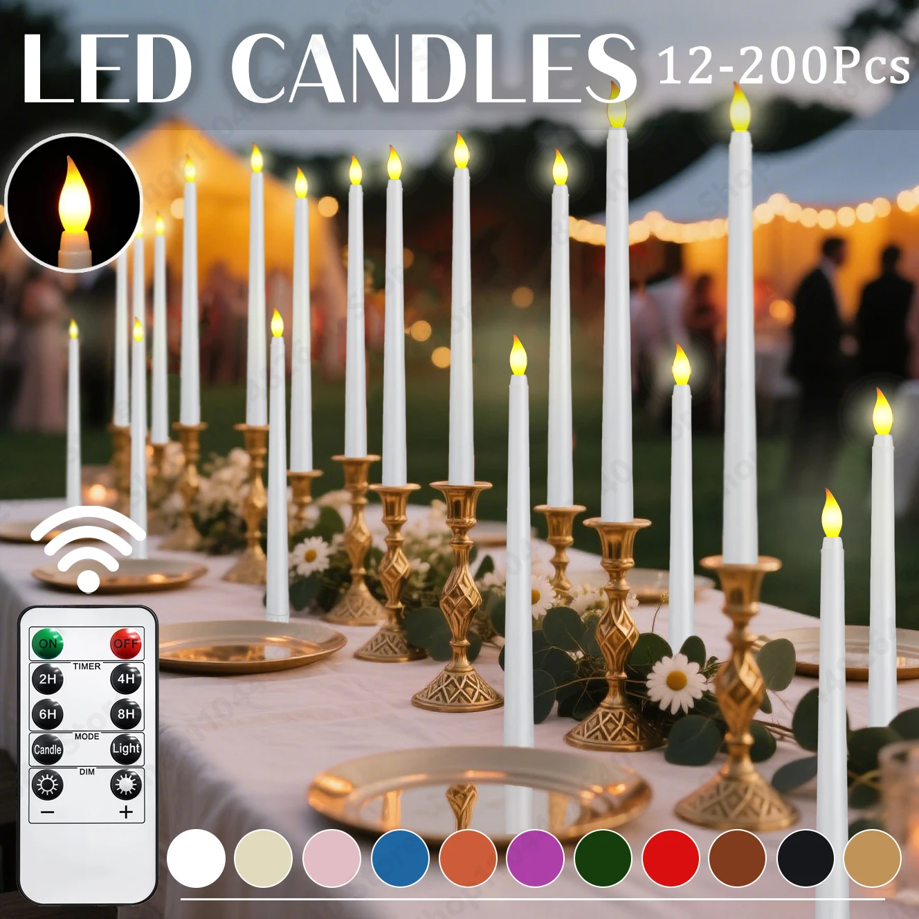 Vela LED parpadeante de 12-200 Uds., vela cónica sin llama para boda, vela de imitación, vela eléctrica falsa con control remoto, decoración navideña para el hogar