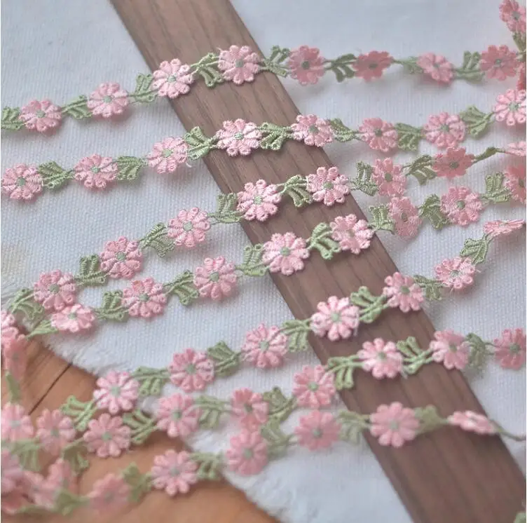 2 Yards Width 1cm Soft Pink Green Flower Embroidery Lace Applique Trim Water Soluble Flower Lace Trimming DIY Sewing Decor