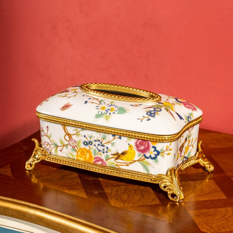 American Style High Grade Porcelain Brass Tissue Paper Box Cover Gold White With Bird Flowers Butterfly Rectangle Napkin Holder