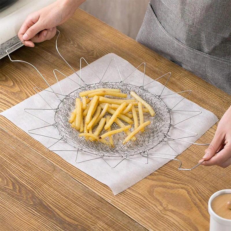 1PC Stainless Steel Deep Fry Basket Telescopic Foldable Frying Basket Kitchen Wire Mesh French Chip Frying Serving