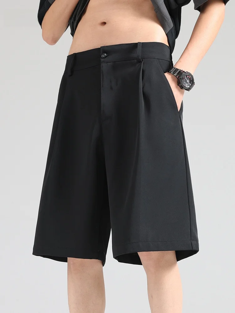 

Black Ice Silk Thin Summer Men's Suit Shorts Loose Casual West Pants Cool Style Pure Color Big Size Youth Fashion