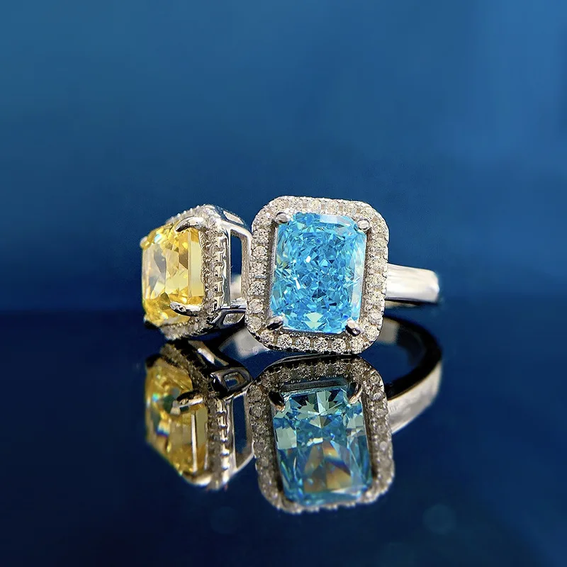 New 925 Silver European and American Open Ring 7 * 7 Yellow Diamond Sea Blue Treasure High Carbon Diamond Ring Versatile