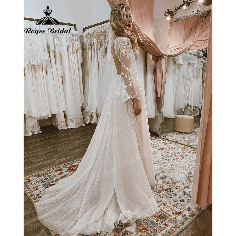 Vintage Boho Plunging Long Flare Sleeve Backless Women Shiny Glitter Wedding Dress Civil Robe Bridal Gowns Vestidos De Novia