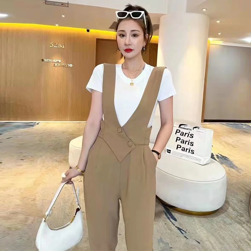 

Summer New Korean Women's Large jumpsuit+White T-shirt Top Set