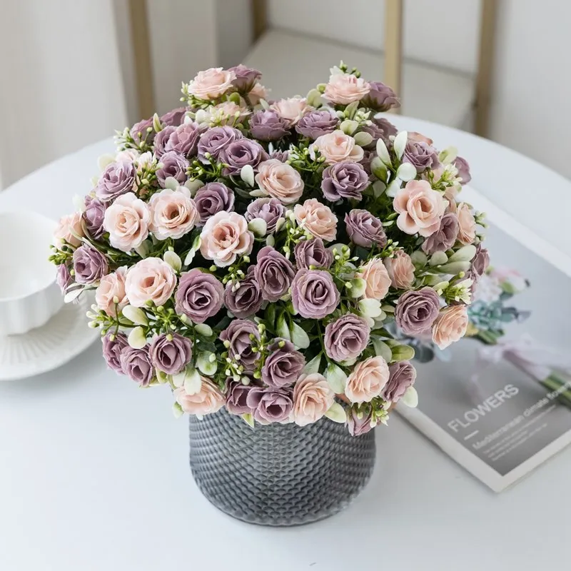 5 Zweige, 15 Blüten, Seidenrosen für Hochzeitssträuße, Festivals, Girlanden, Dekoration, Wohnzimmer, Bonsai, künstliche Blumen, Handarbeit – Detail 3