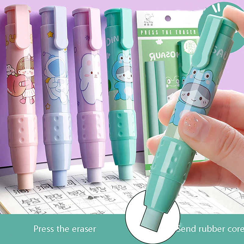 3pcs/set Pen Eraser Retractable Press Crumb-free Pencil Rubber Correction Supplies School Stationery Erasers Soft Art Pen Eraser