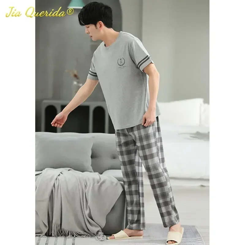 SUKAE Mens Plus Size L-5XL Homewear Summer Cotton Short Sleeve Full Pants Pajamas Set for Man Leisure Sleepwear Trendy Nightwear