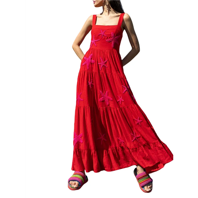 ABRT-Women Embroidered Maxi Dress Sleeveless Smocked Flowy Sundress Boho Summer Long Dresses Beach Vocation