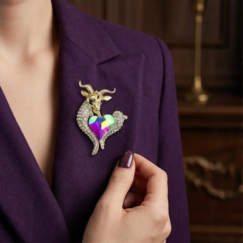Luxury Rhinestone Goat Brooch Anti-rust Alloy Animal Sheep Lapel Pin for Women Men Banquet Outfit Decoration Gift
