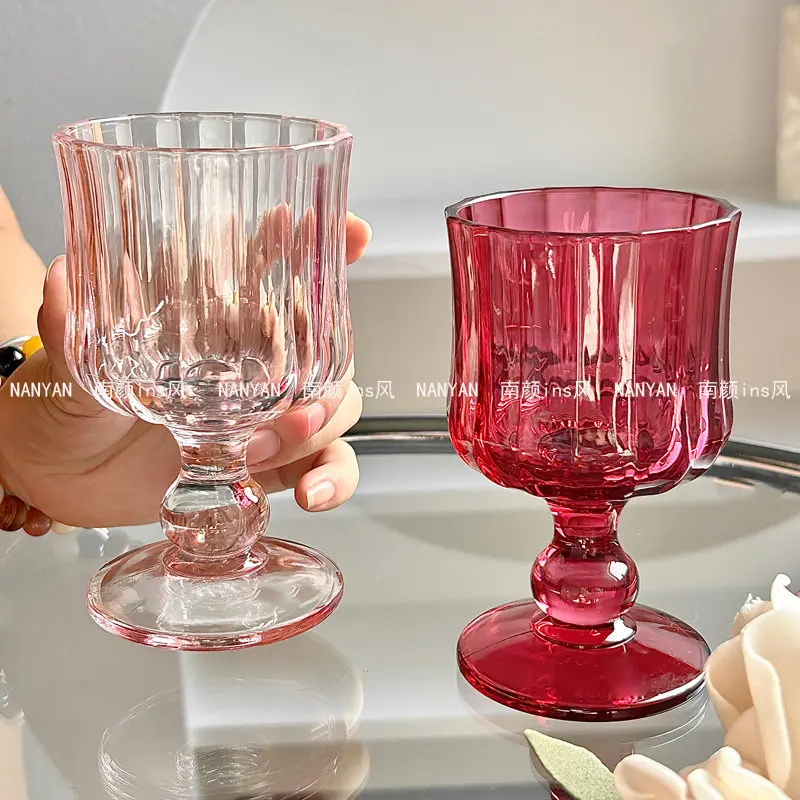 180ml Rose Red Stemmed Glass 2026 Household Stripe Good-looking High End Champagne Cups Niche Vintage Juice Whisky Goblet