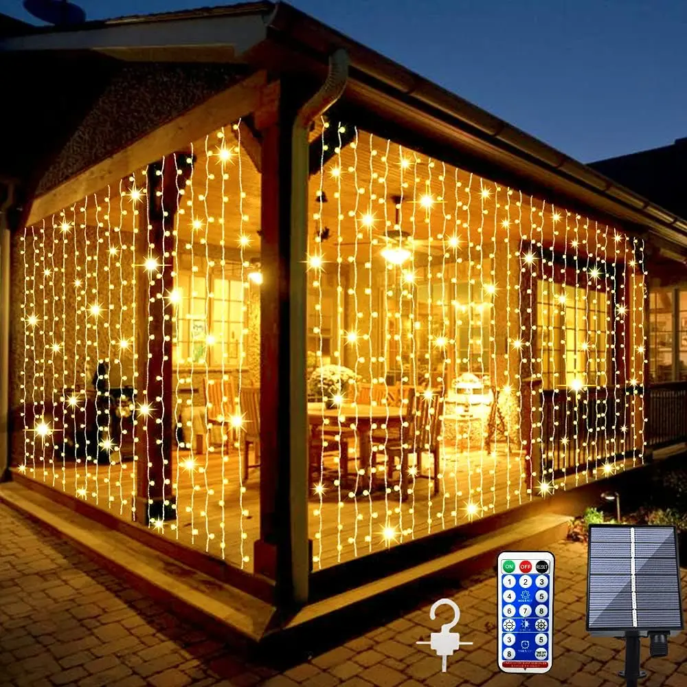 Solar Curtain Light Outdoor Garden String 300 LED 8 Modes Remote Waterfall Light for Party Festival Wedding Christmas Decoration