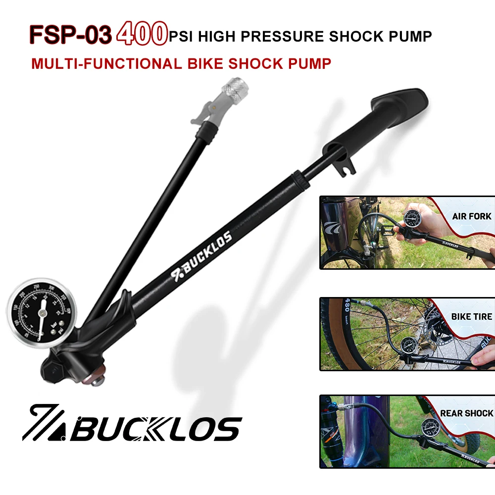 BUCKLOS 400PSI 자전거 쇼크 펌프 MTB 로드 바이크 알루미늄 합금 원클릭 디플레이트 기능 에어 포크/타이어/쇼크 펌프용