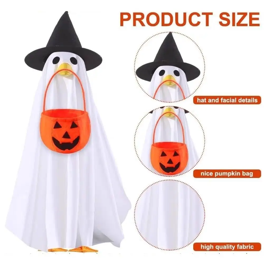 Wide Brim Halloween Porch Goose Outfit Witch Hat with Pumpkin Basket Goose Spooky Ghost Cloak Porch Goose Halloween Outfit