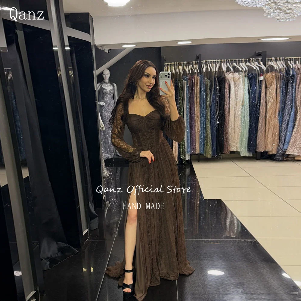 

Qanz Brown Luxury Lace Prom Dresses High Slit Long A Line Formal Evening Gowns Full Sleeves Elegant Dresses For Woman Customized