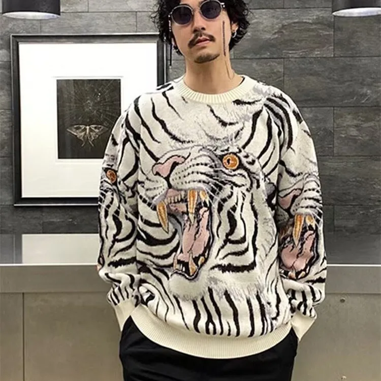 

Wacko Maria Tokyo Style Knitted Tiger Totem round Neck Sweater Couple Matching Loose Fit Youthful Energy White Tiger Design