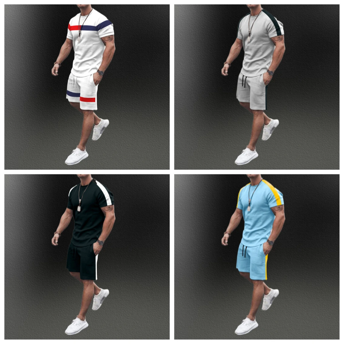 

Outdoor Casual Men's T-shirt Two-piece Set Patchwork Color Fashion Leisure Round Neck Short Sleeve and Shorts Sports Suit When