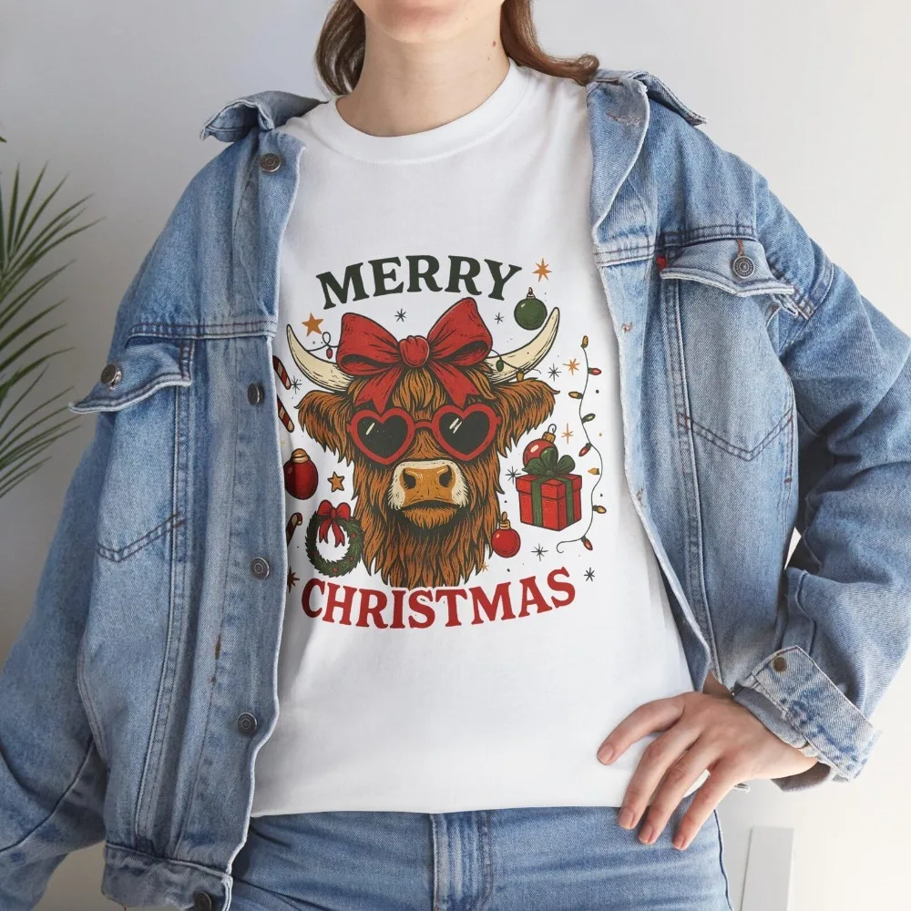 

Merry Christmas Cow Tee Funny Fashion Unisex Holiday Gift Apparel Christmas Women T-Shirt Farm Festival Costumes Daily Life Tops