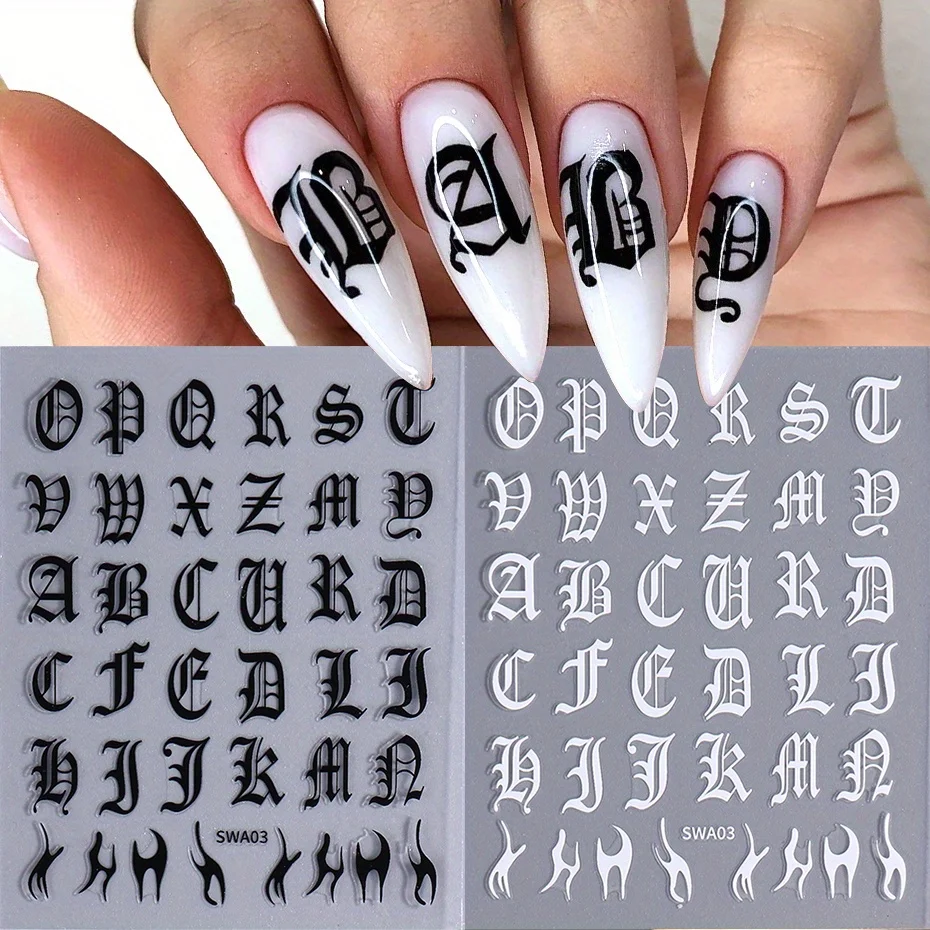 2pcs Gothic Letter Nail Sticker Black White Cool Design English Alphabet Adhesive Slider Y2K Inscription Manicure Decoration Tip