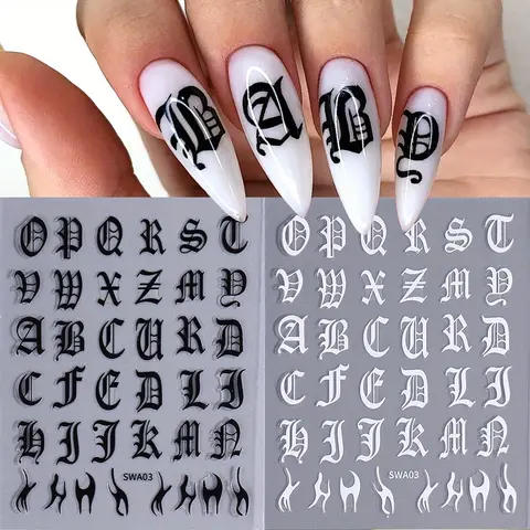 Autocollant pour ongles avec lettres gothiques, 2 pièces, noir et blanc, Design Cool, Alphabet anglais, curseur adhésif, Inscription Y2K, pointe de décoration de manucure