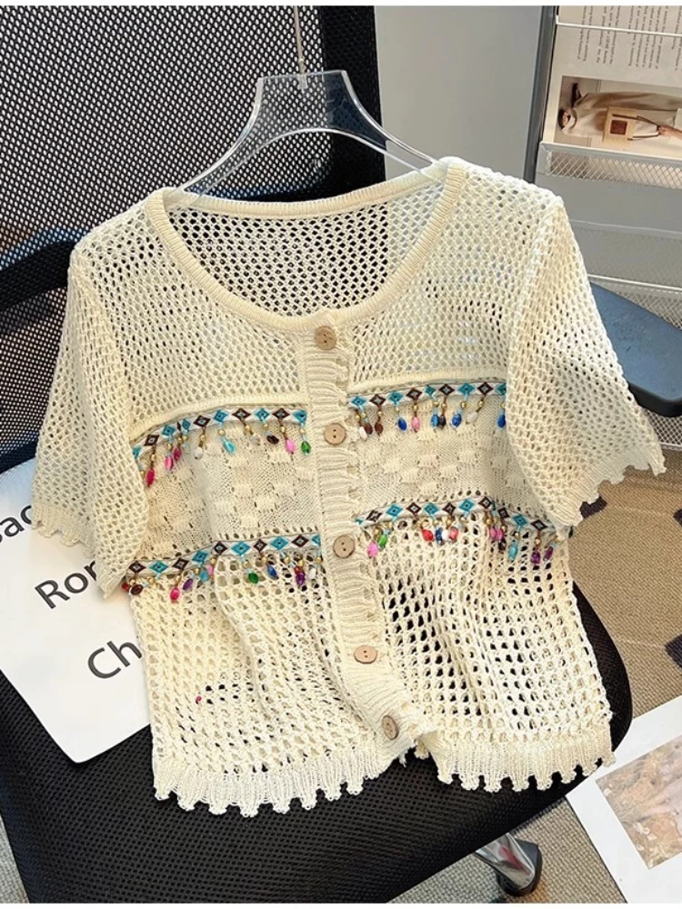 

Women's Bohemian Style Tassel Knit Top 2024 Summer New Sexy Hollow Beaded Patchwork Loose Cover Up Short Sleeved T-shirt Coat