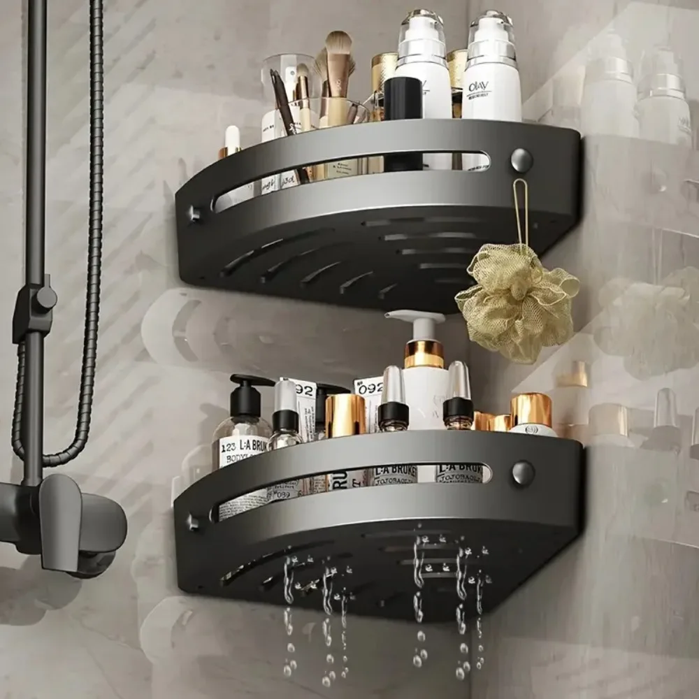 CANBOUN Bathroom Triangle Storage Rack With Hook Bathroom Cosmetic Storage Racks Wall Mounted Toilet Storting Rack Corner Shower