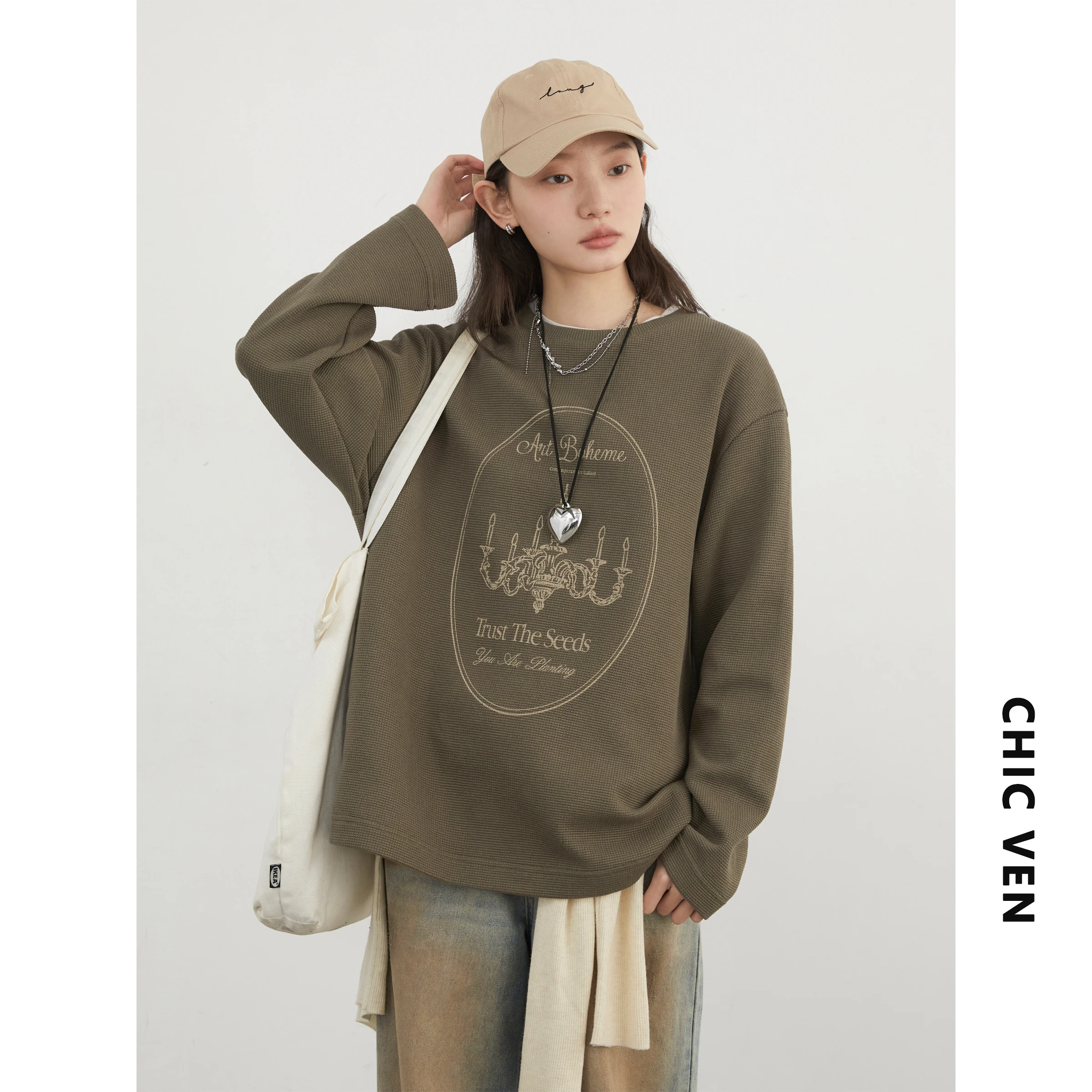 CHIC VEN Women T-Shirts Loose Casual New Vintage Texture Printed Tees Waffle Long-sleeved Girl Top Autumn Winter 2025