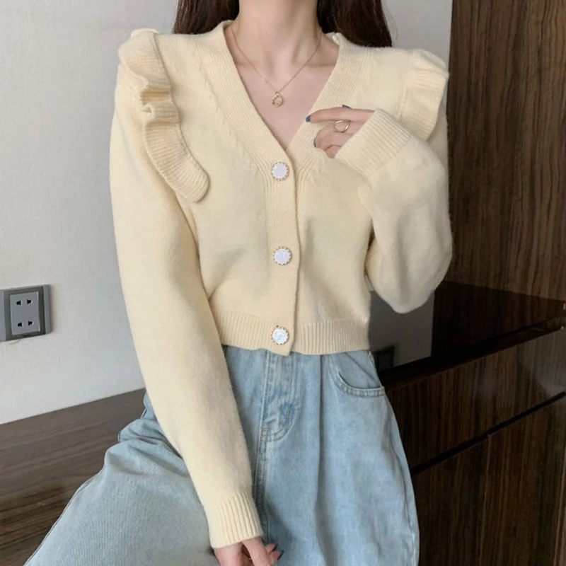 

Rimocy Sweet Ruffles Cropped Cardigan Women Korean Fashion V Neck Knitted Cardigans Woman Solid Color Long Sleeve Jumper Female