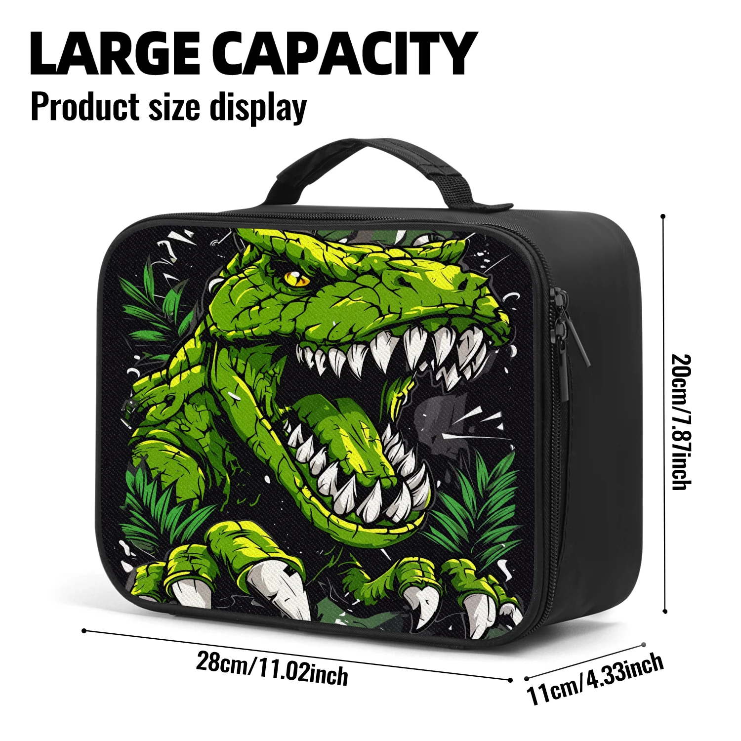 Zippered Lunch Bag Black Green T-Rex Dinosaur Roaring Claws Jungle Tropical Leaves Cartoon Comic Wild Reusable Portable