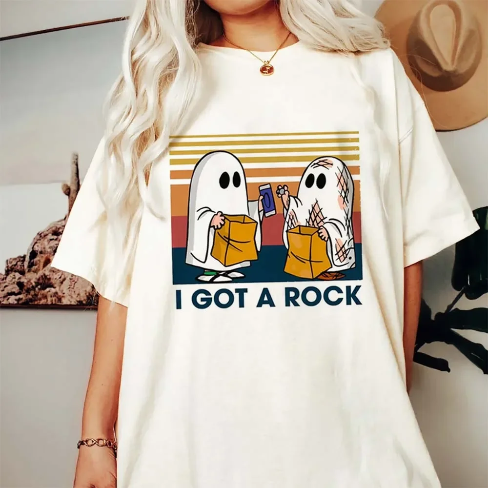 I Got A Rock Cute Couple Ghost Fun Halloween T-Shirt Women\'s Fashion Short Sleeved T-Shirt Printed Casual O-Neck Style T-Shirt