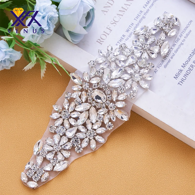 

XFX VENUS One Pcs Rhinestones Silver Crystal Rhinestone Applique Wedding Beaded Patch Trim Iron Sew on For Wedding Dresses Resin