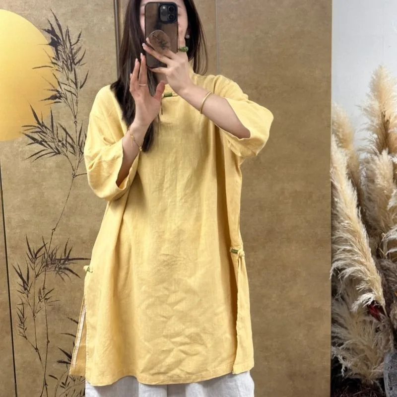 

Новая женская футболка в китайском стиле из хлопка и льна, удлиненная, на пуговицах, весна-лето, модная, больших размеров