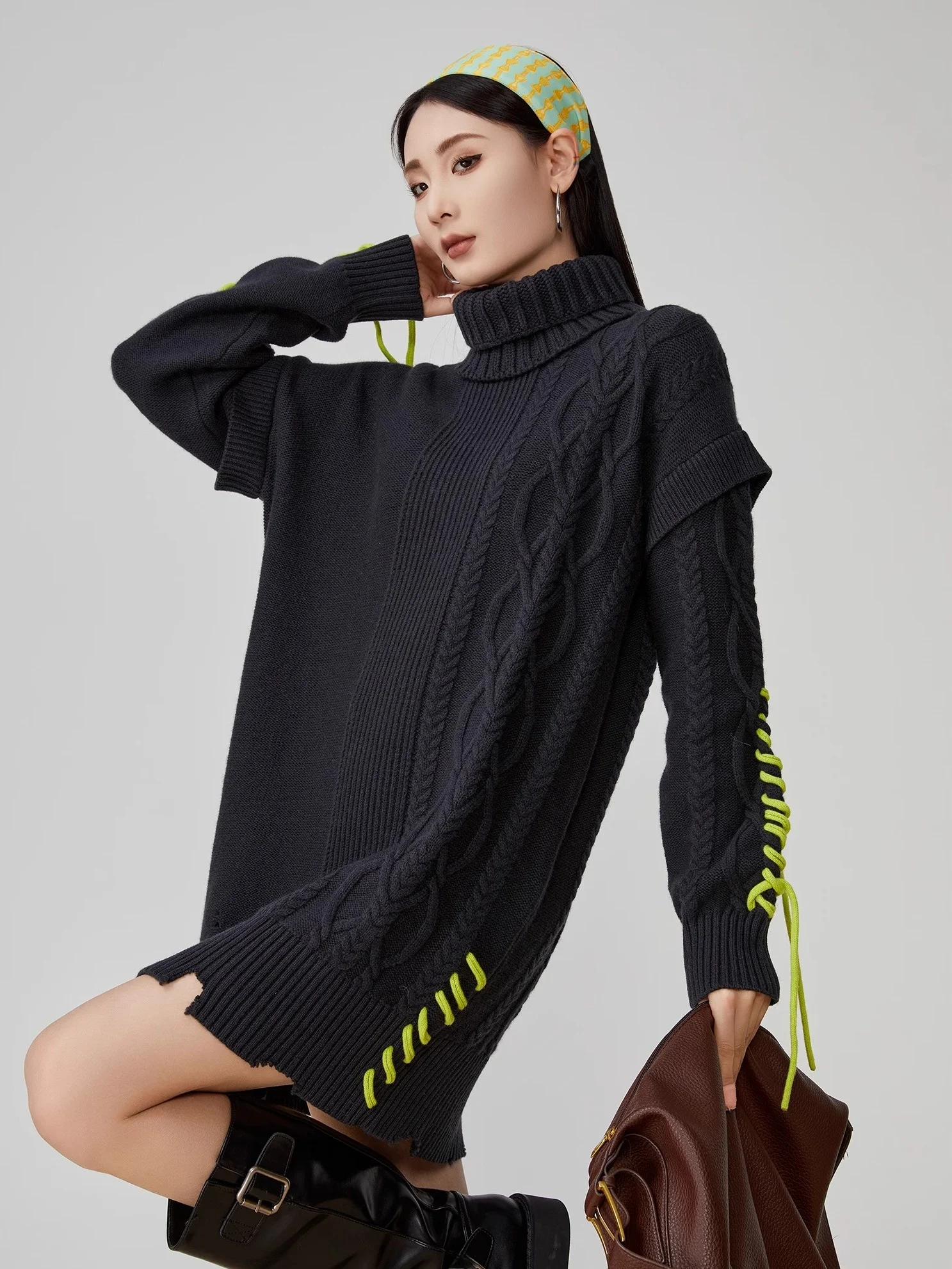 

Women's Knitted Sweater Dr High Collar Tassel Splicing Detachable Spring New Lazy Sle Inner Wear Midi Dr