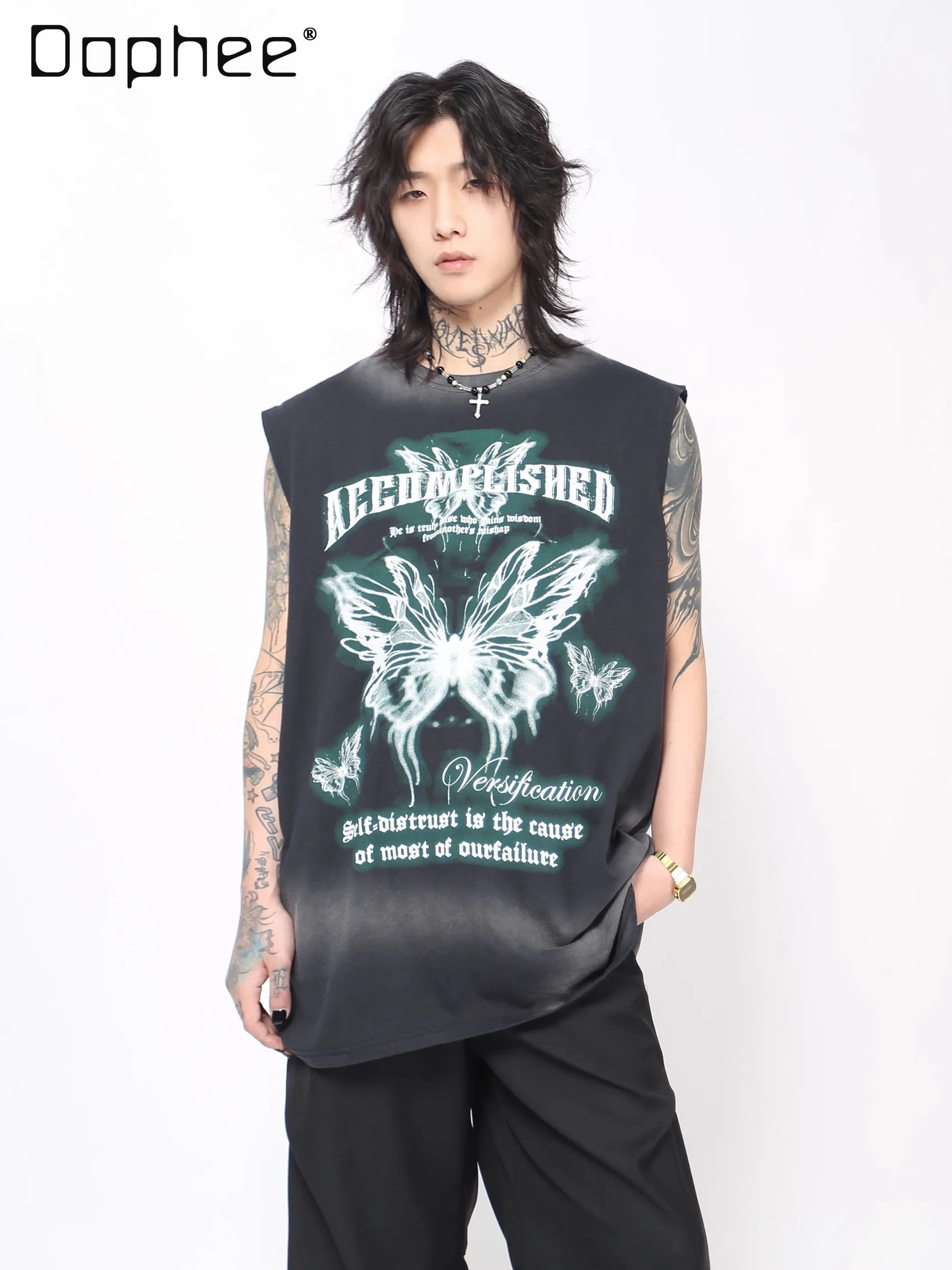 

Лето 2025 г., новинка High Street в американском стиле, черная футболка без рукавов, жилет, мужской свободный винтажный белый топ с принтом бабочки