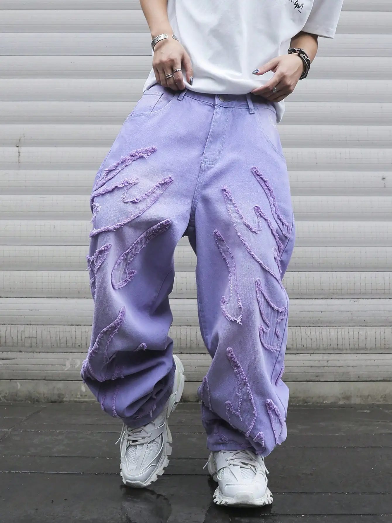 

Мужские потертые джинсы в уличном стиле фиолетового цвета, свободные, модные широкие брюки в стиле уличный хип-хоп